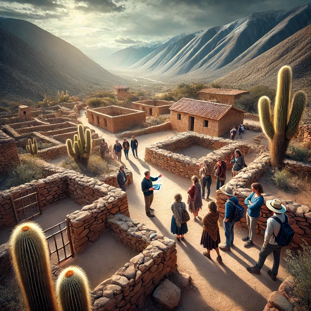 A highly realistic photograph-style image of a cultural tour at the Pucará de Tilcara in Jujuy, Argentina. The scene captures travelers walking throug