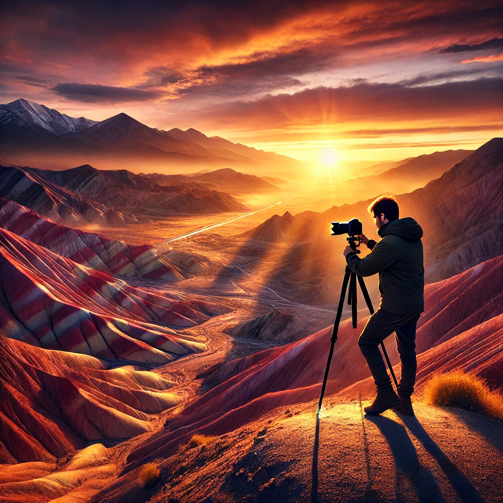 A highly realistic photograph-style image of a photography tour in the Quebrada de Humahuaca, Jujuy, Argentina. The scene features a solo photographer