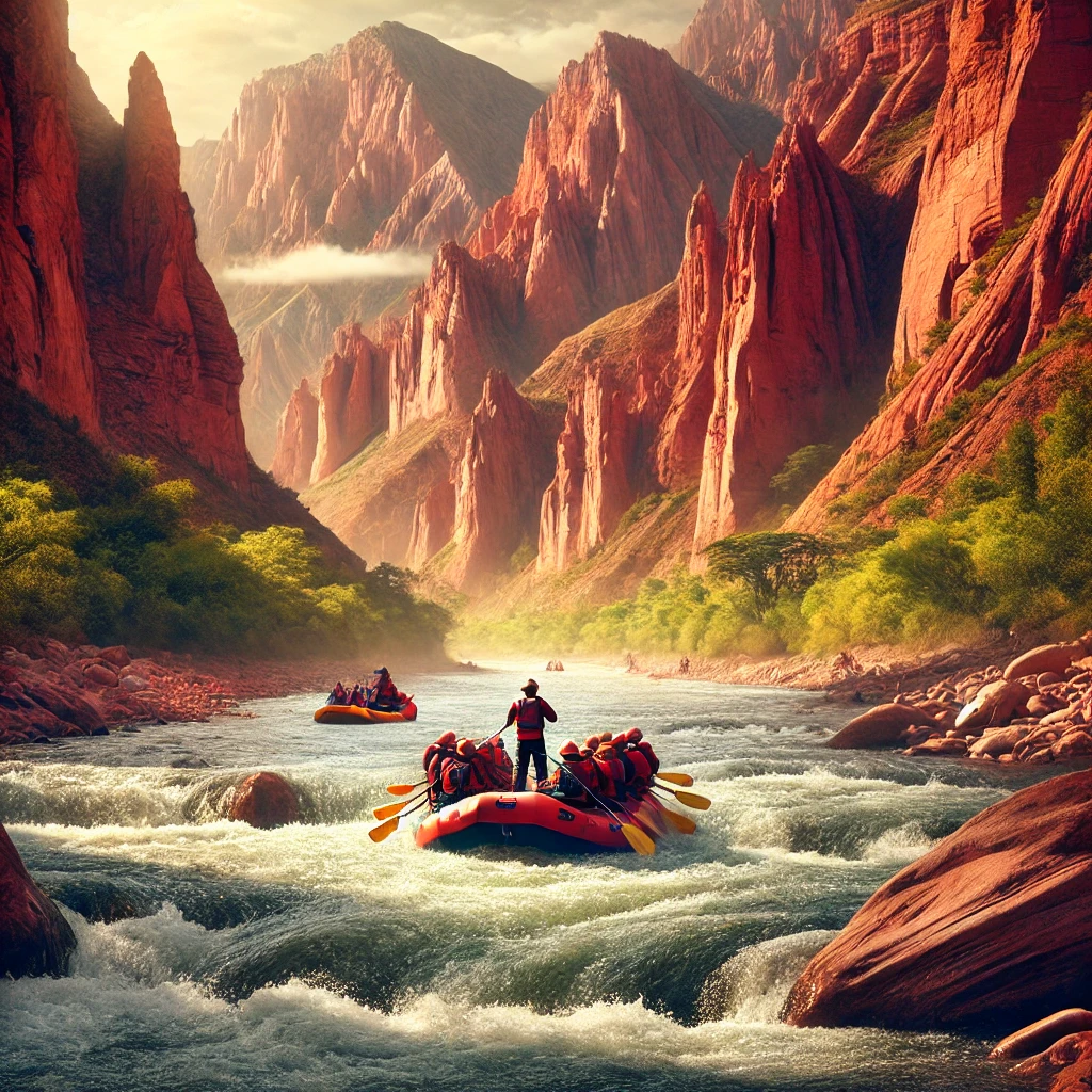 A highly realistic photograph-style image of a rafting adventure on the Río Grande in Jujuy, Argentina. The scene features a group of adventurers padd