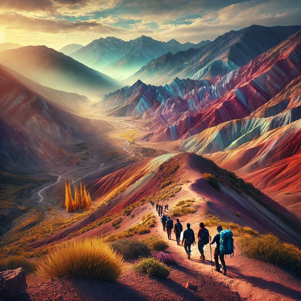 A highly realistic photograph-style image of a trekking excursion at the Cerro de los Siete Colores in Purmamarca, Jujuy, Argentina. The scene feature