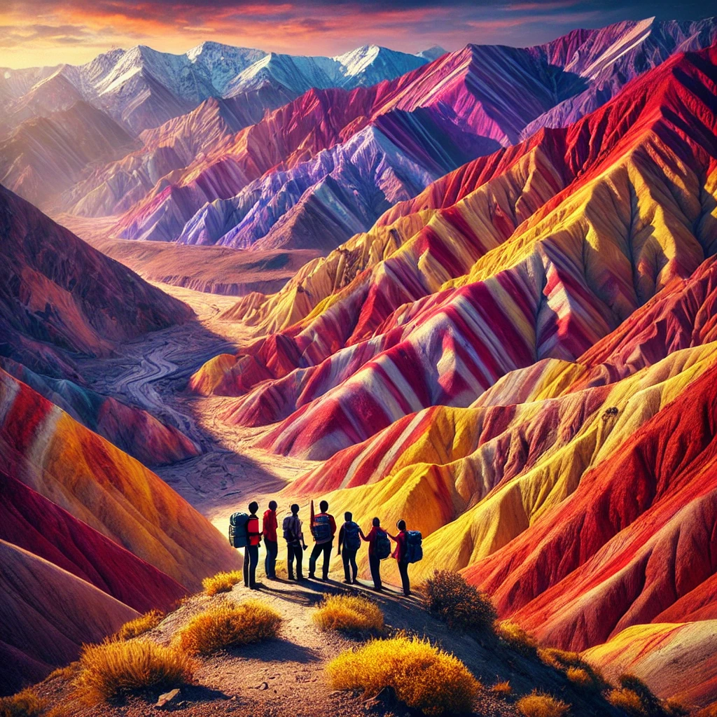 A highly realistic photograph-style image of adventure tourism at Hornocal, also known as the Serranía de los Catorce Colores, in Humahuaca, Jujuy, Ar