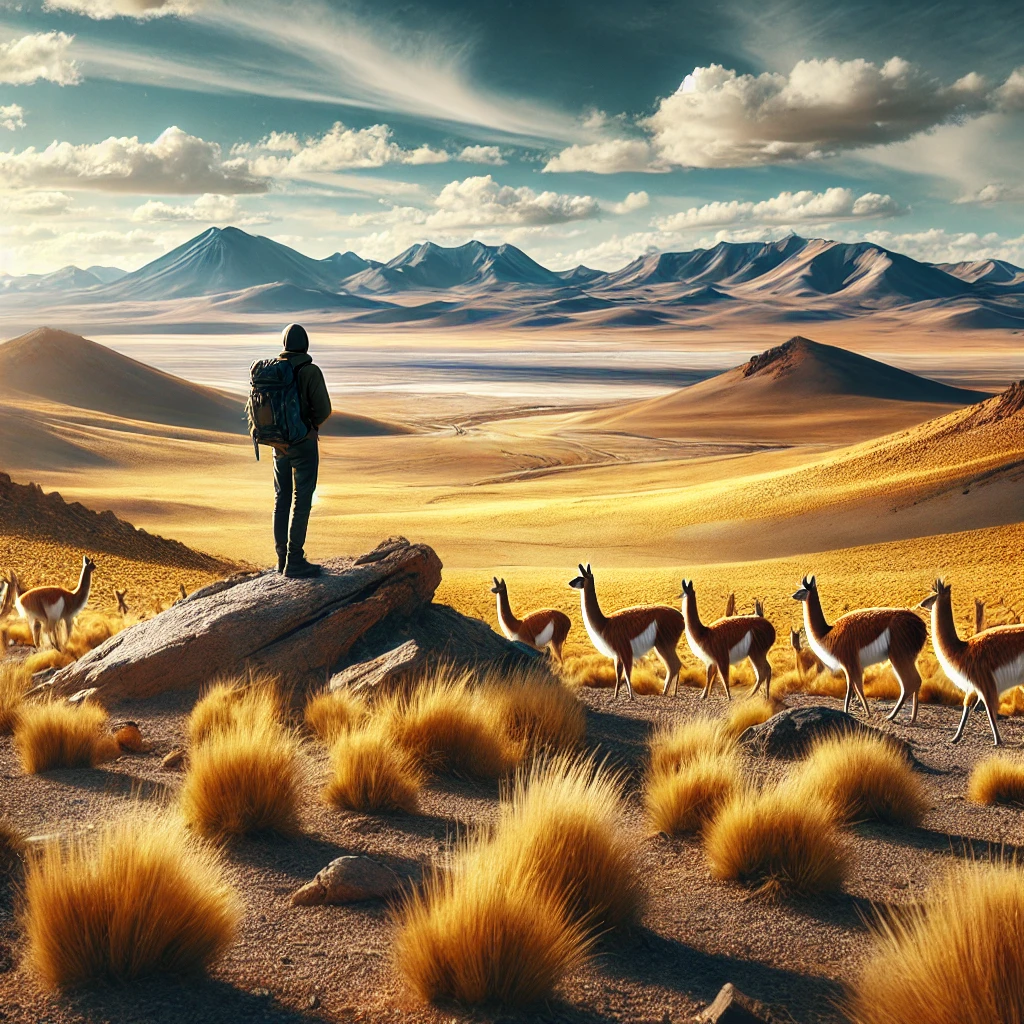 A highly realistic photograph-style image of adventure tourism in La Puna, Jujuy, Argentina. The scene features a traveler standing on a rocky plateau