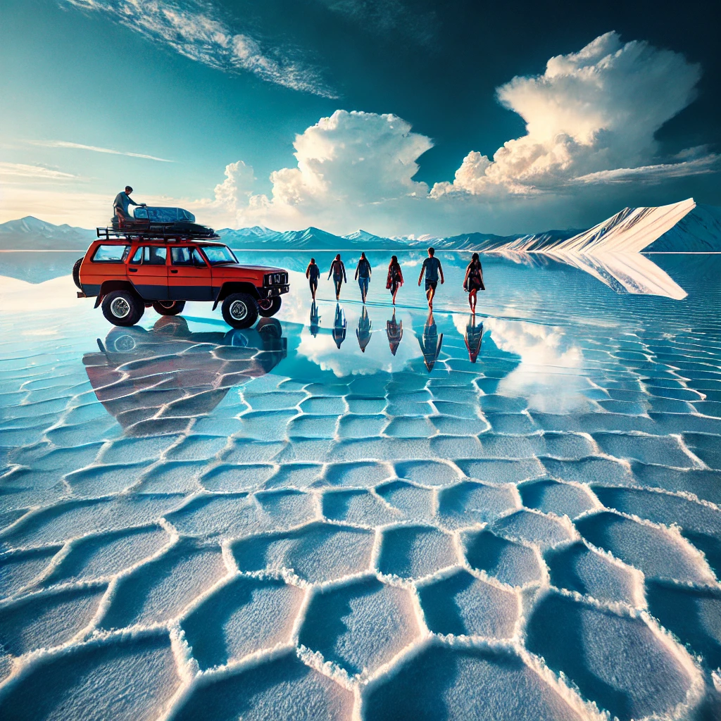 A highly realistic photograph-style image of adventure tourism in the Salinas Grandes of Jujuy, Argentina. The scene features a group of travelers wal