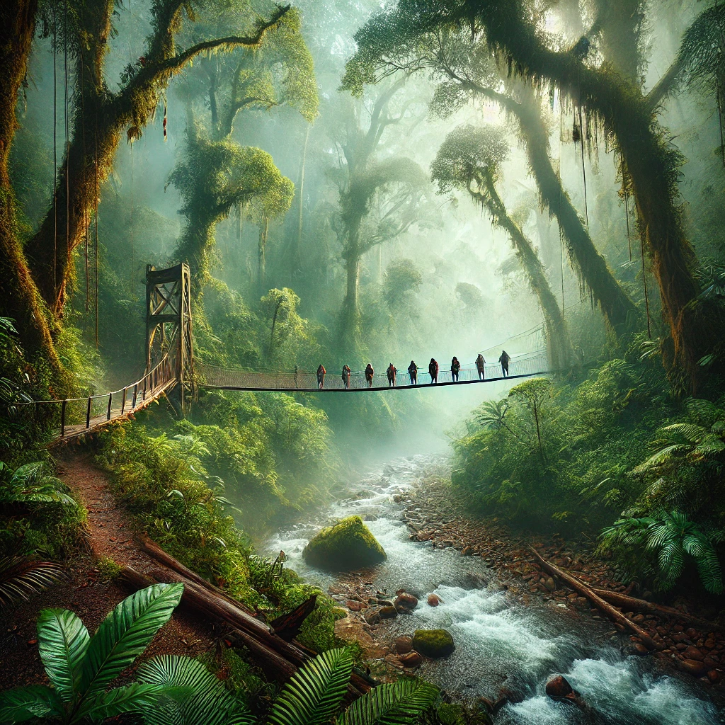 A highly realistic photograph-style image of adventure tourism in the Yungas of Jujuy, Argentina. The scene features a group of travelers hiking throu