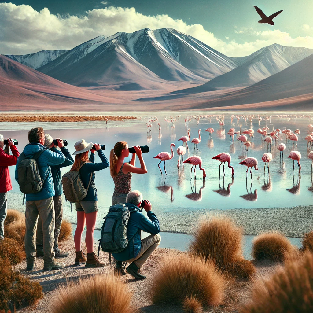 A highly realistic photograph-style image of wildlife watching in Jujuy, Argentina. The scene features a group of tourists observing flamingos in a hi